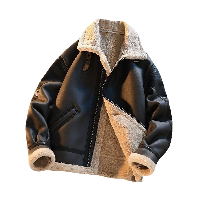2024 New Designer Men's Winter Plush Thick Motorcycle Set Fashion Brand Deer Cotton Jacket Lamb Leather Jacket Leather Integration