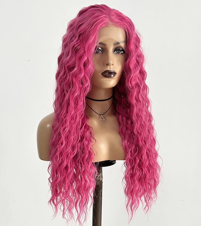 Hot Pink Deep Wave Synthetic Front Wig Glueless Natural Haire Rose Red Long Curly Hair Lace Frontal Wigs for Women