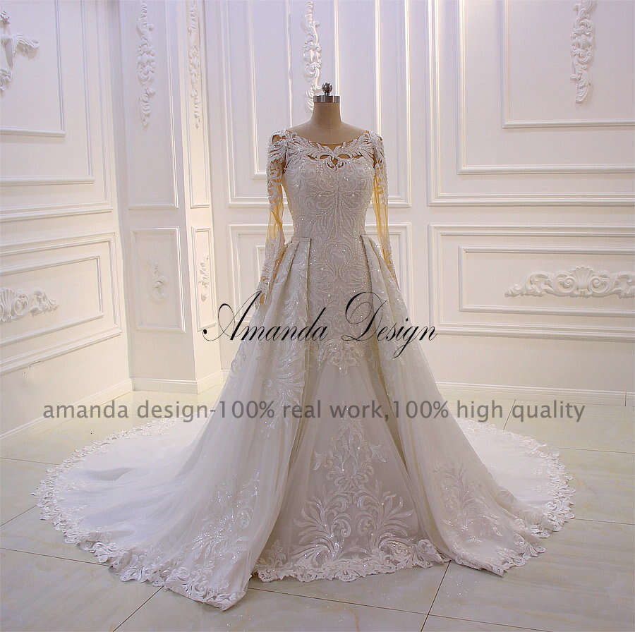 Amanda Design gelik Long Sleeve Lace Appliqued African Wedding Dress with Detachable Skirt