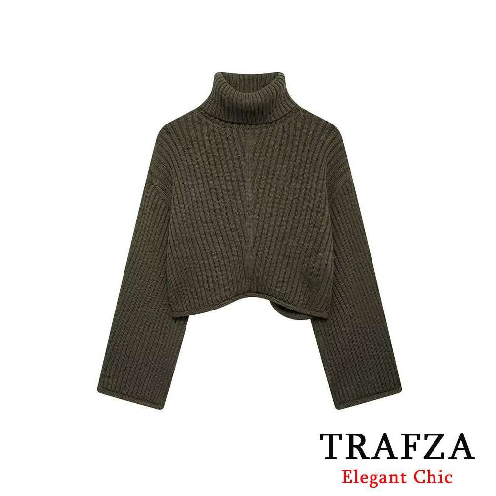 TRAFZA Women Fashion Knitted Turtleneck Loose Solid High-Collar Sweater New 2024 Autumn Winter Casual Stylish Pullover