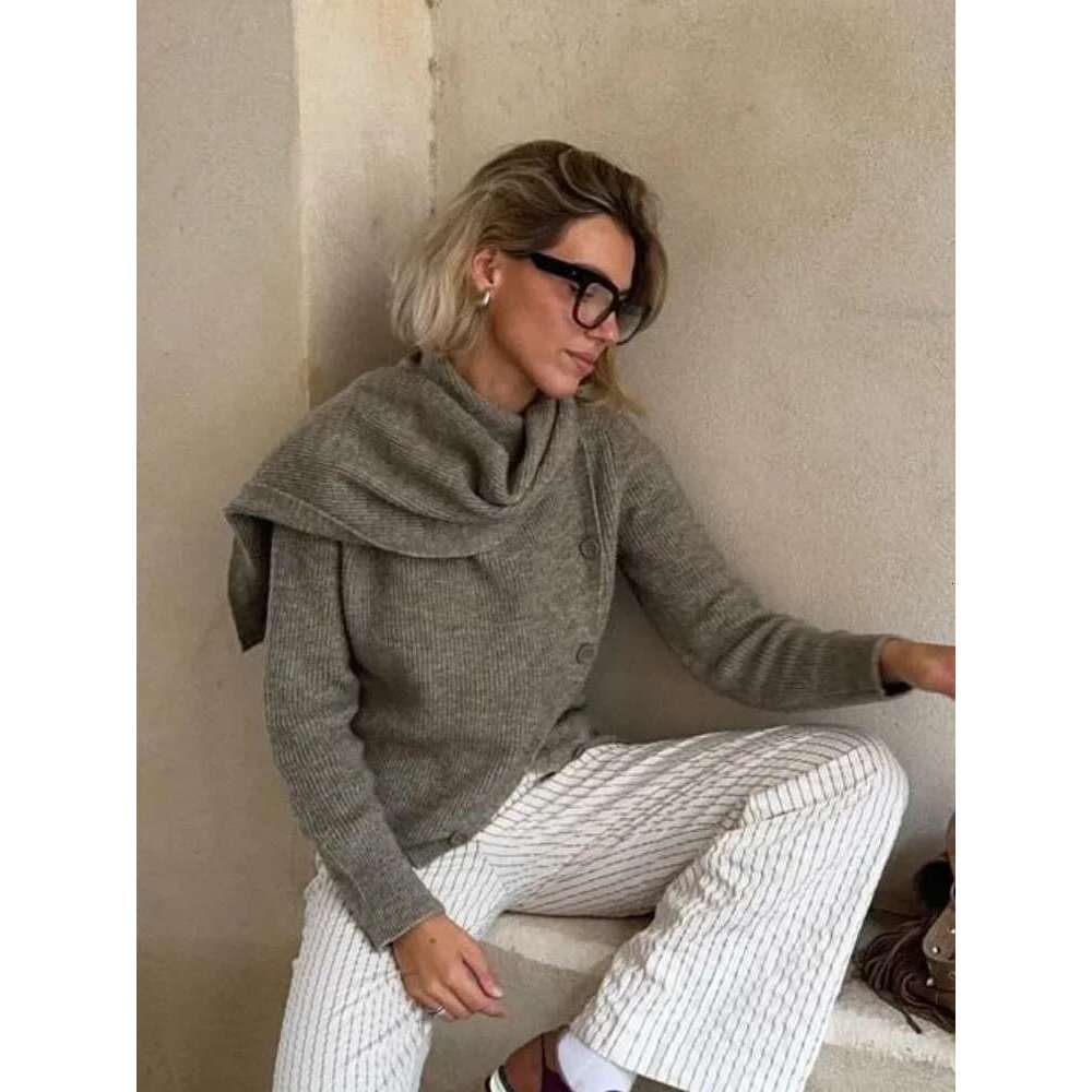 2024 Warm Scarf Collar Knitted Sweater Women Chic Single Breasted Full Sleeve Loose Cardigan Autumn Casual Lady High Streetwear