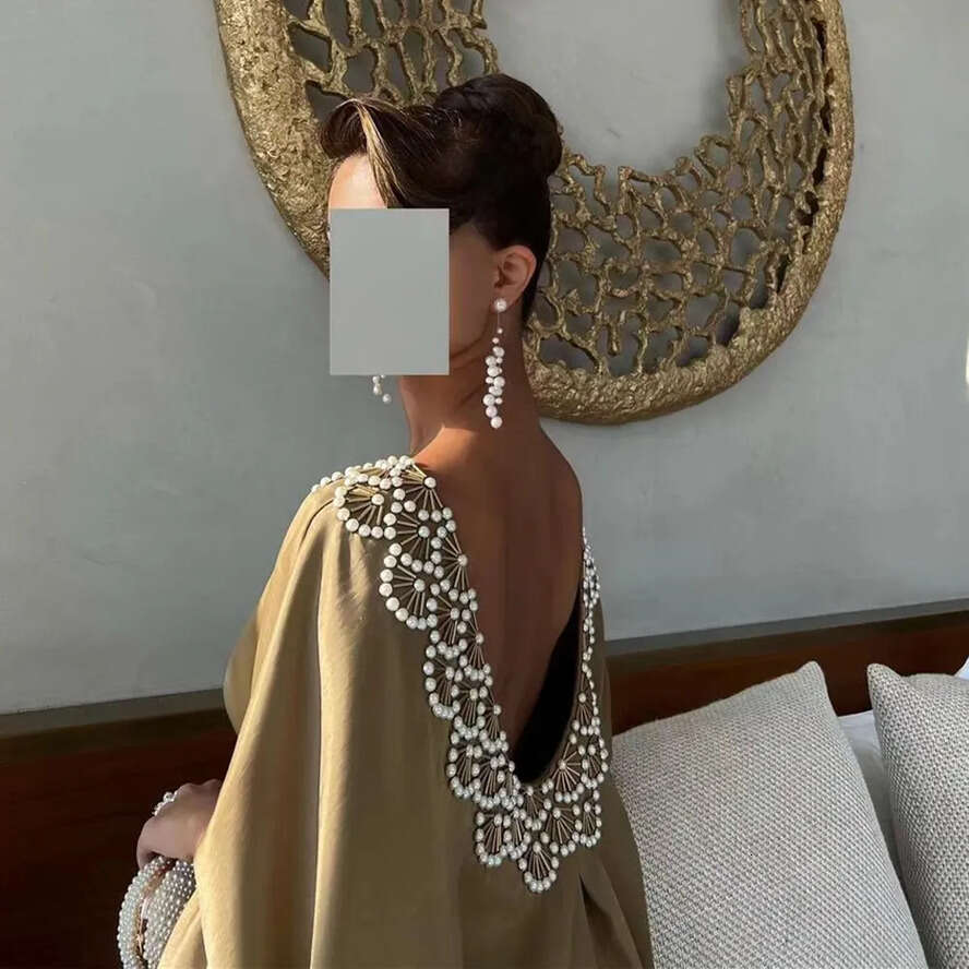 Beaded Crew Neck Evening Dresses Long Sleeves Open Back Formal Prom Gown A E Cape Style Saudi Arabia Womens Vestidos 0516