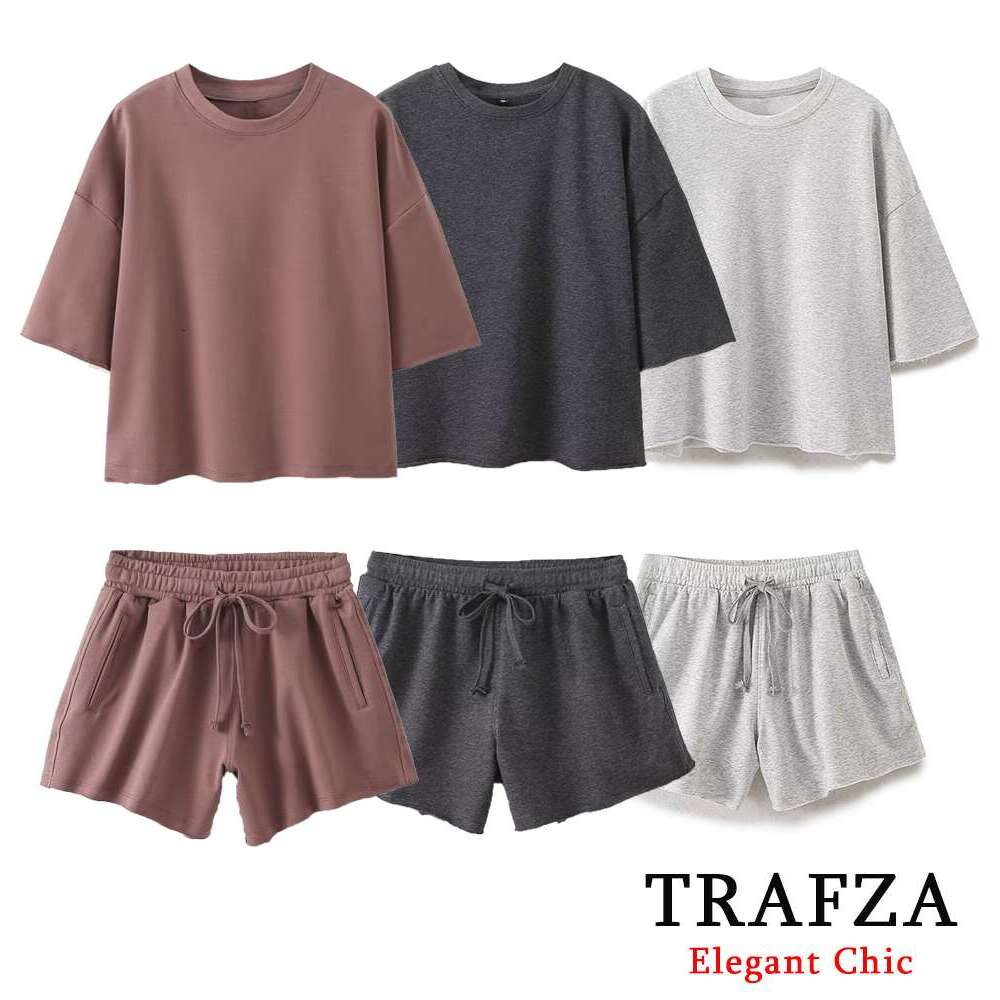 TRAFZA Basic Casual Sleeve Ribbed Short Women New 2024 Spring Summer Fasion Vacation Homeswear Shorts Set