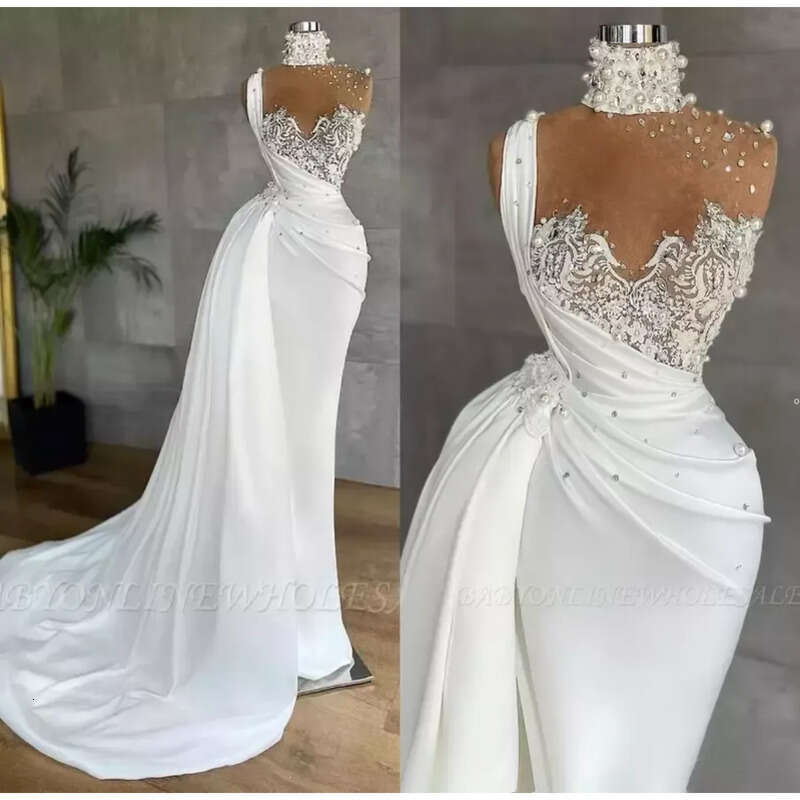 Mesh Sheer Top Satin Mermaid Long Prom Dresses New High Neck Beaded Pearls Lace Ruched Formal Sweep Train Party Evening Gowns Bc