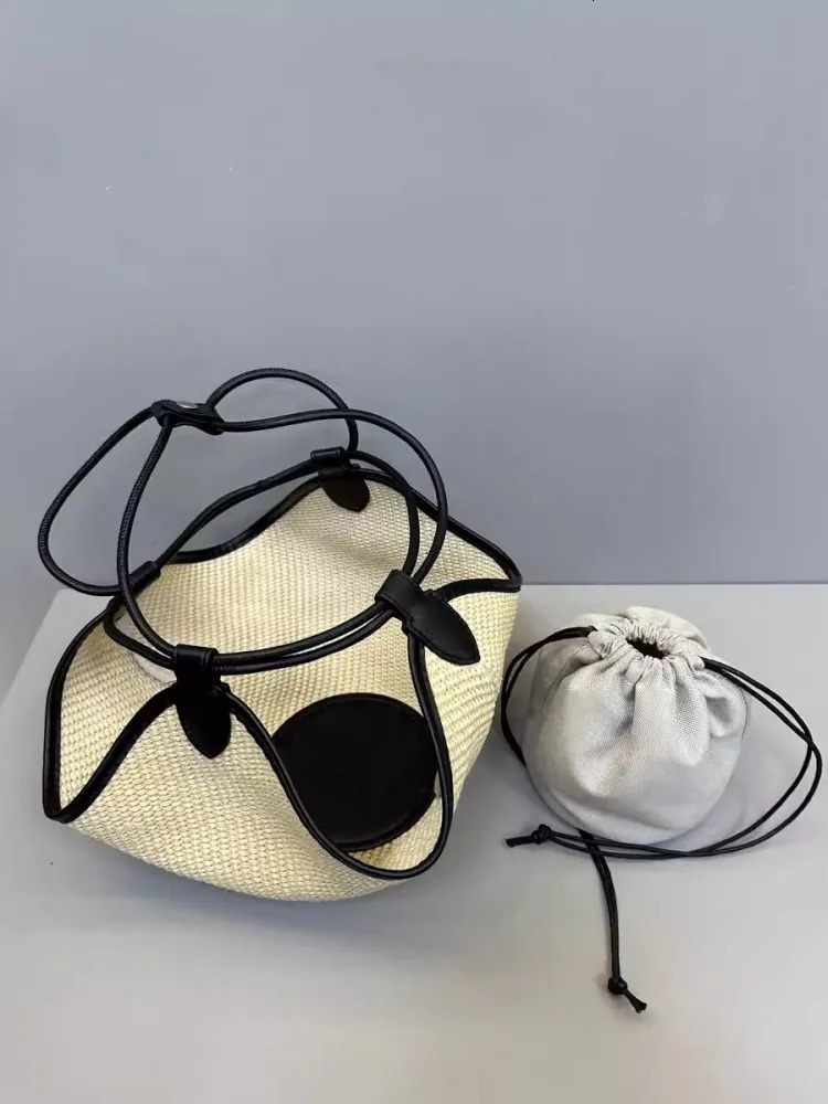 ner Women Summer Holiday Straw Bag Vintage Bucket Shoulder Bags Cow Leather Spliced Beach Casual Handbag 241021