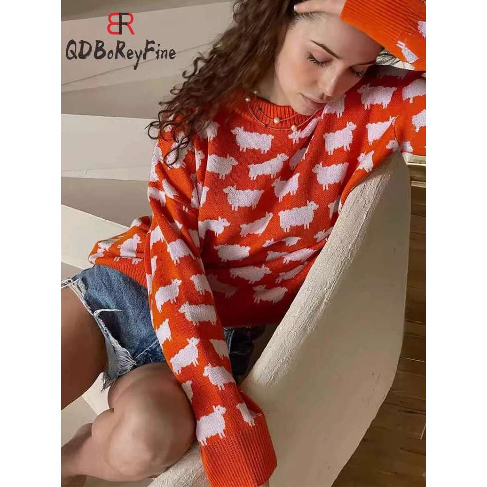 Women's Oversize Sweater Winter Autumn Animal Printed O-Neck Casual Jumpers Knitted Long Sleeve Tops Loose Office Pullovers 2024