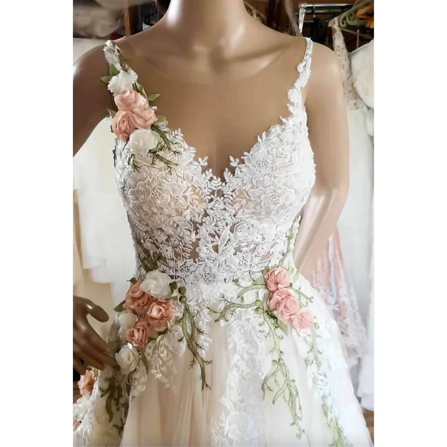 3D Ral Applique Sleeveless V-Neck Tulle A-E Dresses For Women Bridal Wedding Gowns Formal Ocn 0509