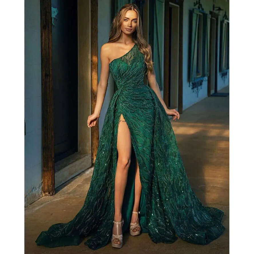 Dark Green Mermaid Prom Dresses Sleeveless Bateau One Shoulder Appliques Sequins Beaded Or Length Side Slit Lace Evening Dress Bridal Gowns Plus Size 