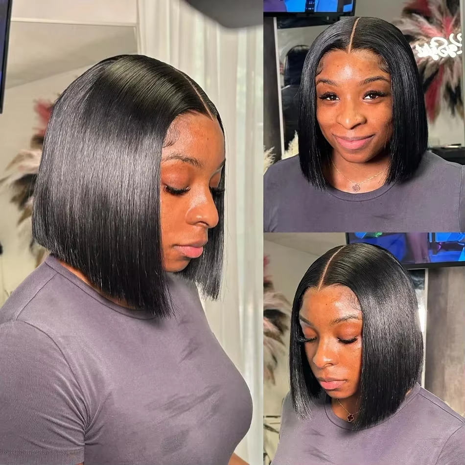 Straight Brazilian 4x4 HD Lace Frontal Short Bob Wig Pre Plucked Natural Black 100% Human Hair Wigs