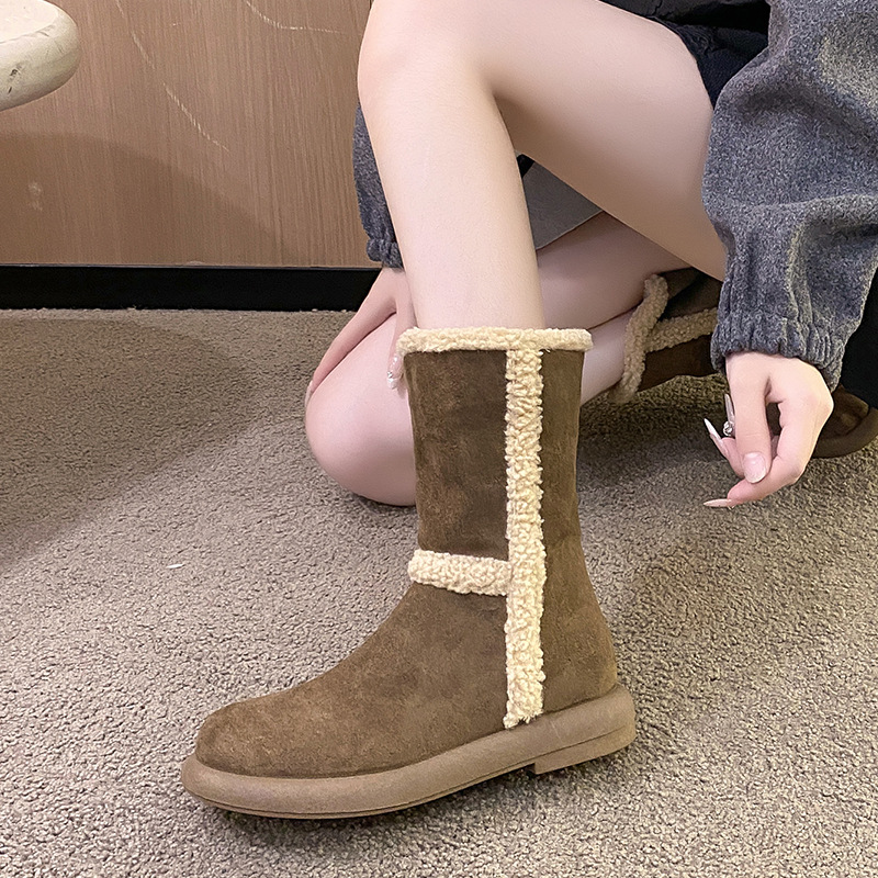 Women's Fashion Boots:Thick Sole Snow Boots Winter Fleece Warm Simple Design Flat Bottom,Black/Brown,Free shipping