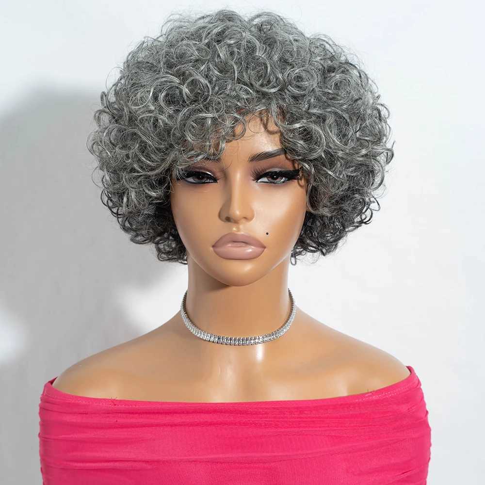 Lekker short silver gray curly Bob 100% Brazilian Remy hair salt and pepper all male wig M241028