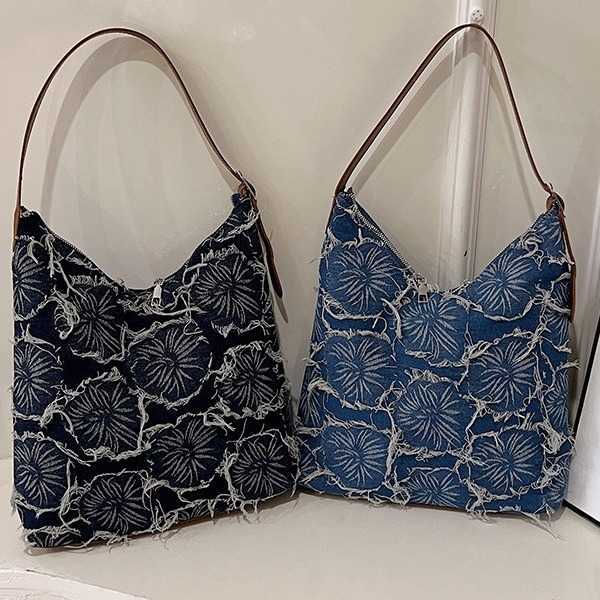 CMM Ladies Washed Denim Commuting Tote Bag New Flower Fringed Single Shoulder Underarm Bucket Bag