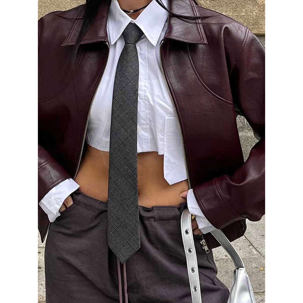 Vintage Leather Bomber Women Jacket O-Neck Zipper Pockets Female Coat 2024 Autumn Winter Fashion Long Sleeve Crop Lady Outwears