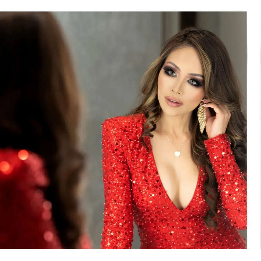 Modern Red Jumpsuits Prom Deep V Neck Long Sleeves Illusion Formal Evening Dresses Elegant Sequins Women Special Ocn Dress 0515