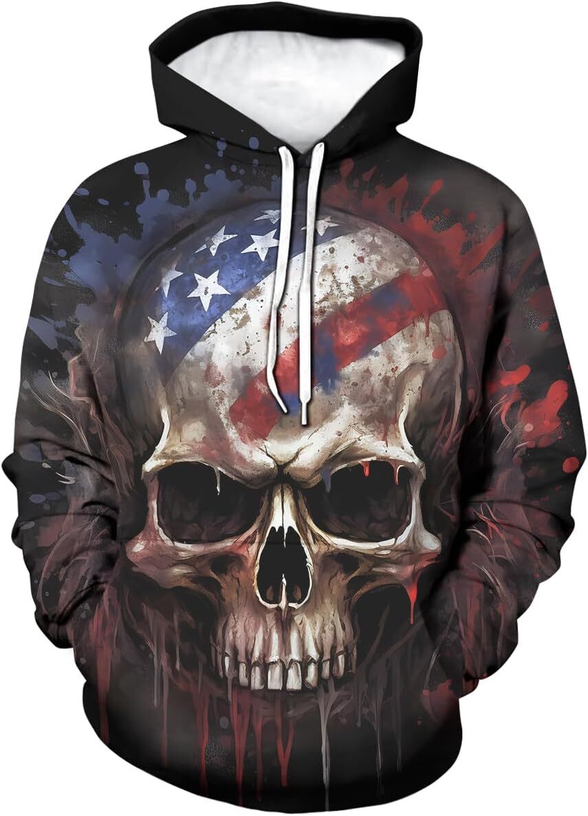 Hoodie for Mens Womens Men American Flag Skull Cool Graphic Hoodie 3D Skeleton Print Hooded Sweatshirts Graphic Hoodies sweatshirt Warm and casual