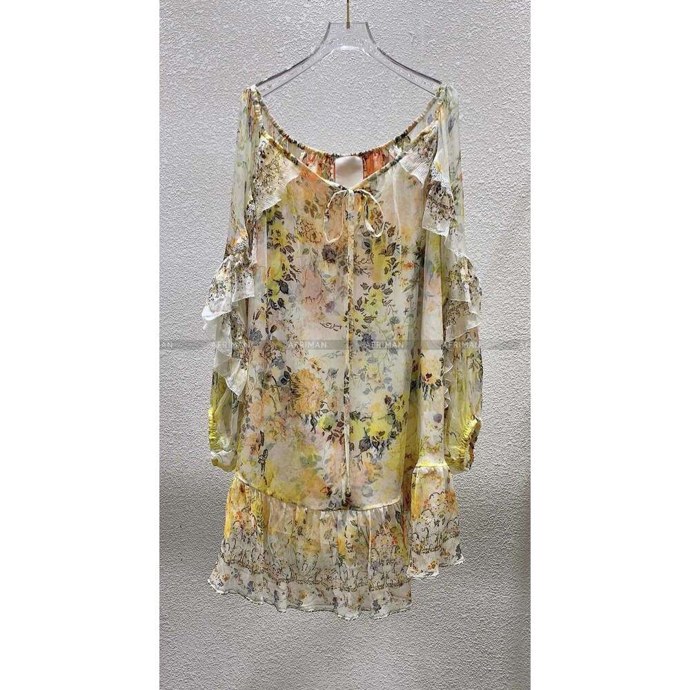 Women New V Neck Dia Beaded Ruffles Flare Sleeve Yellow Wer Print 100% Silk Loose Mini Dress