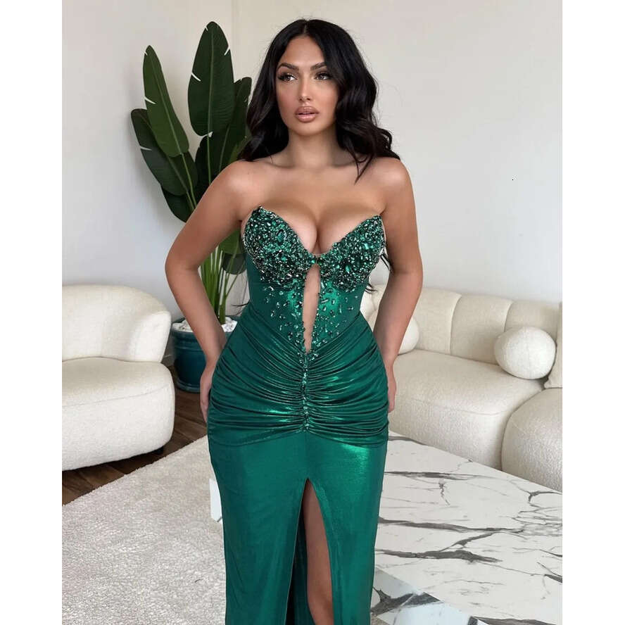 Green Mermaid Evening Dresses Beads Collar Keyhole Party Prom Pleats Split Formal Long Red Carpet Dress For Special Ocn 0515