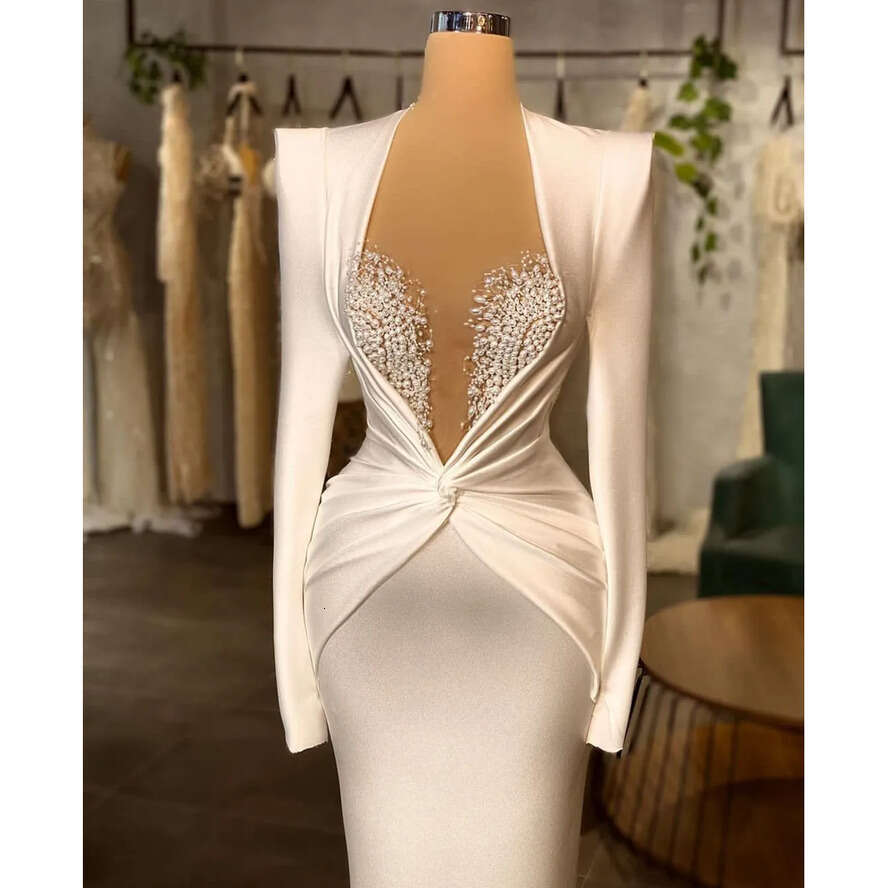 Elegant Evening Women V Neck Long Sleeves Backless Or Length Formal Dress Appliques Sequins Satin Pearls Prom Dresses Plus Size Tailored Tailor Made 0