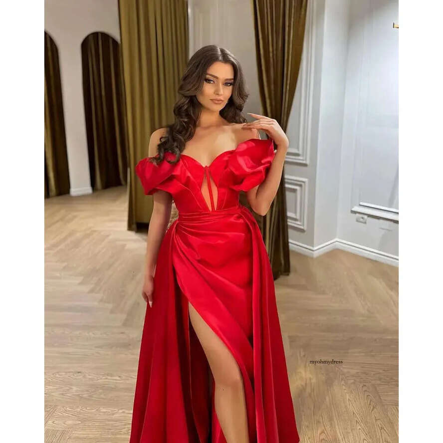 Sexy Red Plu Size A E Prom Dree Long For Women Off Shoulder V Neck Satin Pleat Sweep Train High Side Split Birthday Evening Party Celebrity Pageant 04