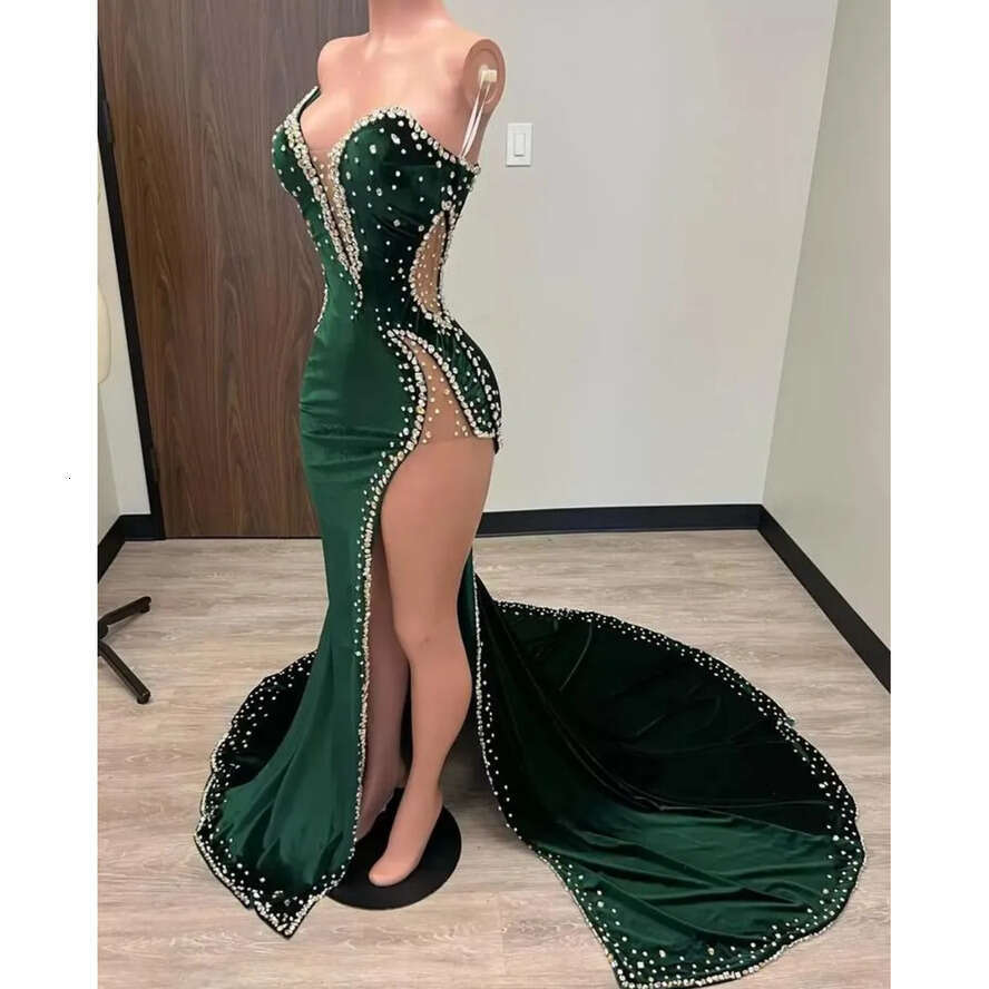 Emerald Green Long Evening Prom Dresses Crystal Rhie Vestidos De Festa High Split Formal Party Mermaid Veet Pageant Gown Strapless 0510
