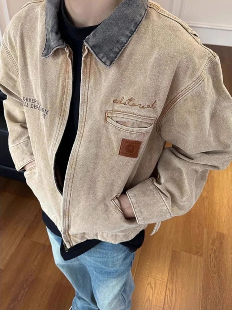 Vintage Letter Embroidery Cargo Jacket Mens Retro Casual Loose Autumn Winter Lapel Spliced Long Sleeve Outerwear Men 241025