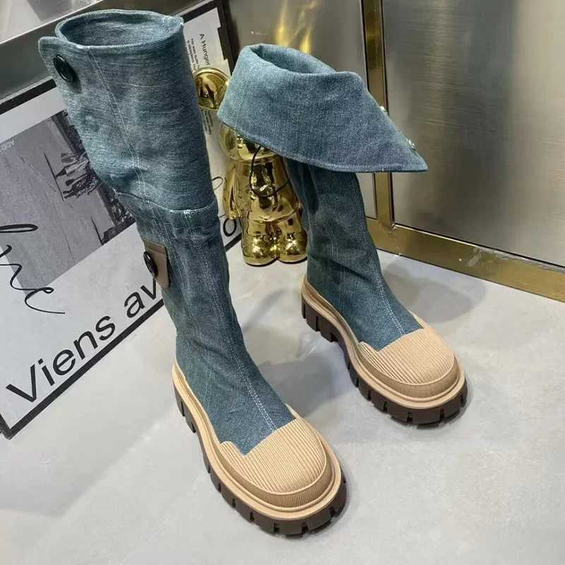 Women Flats Platform Denim Winter Designer New Knee High Motorcycle Boots Casual Goth Shoes Snow Botas hot Mujer Z241028