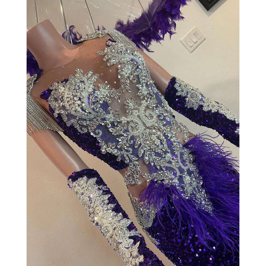Purple Mermaid Prom Dresses Dia Sequined Beads Tassel Long Sleeve Gillter Evening Dress Formal Party Gowns 0521