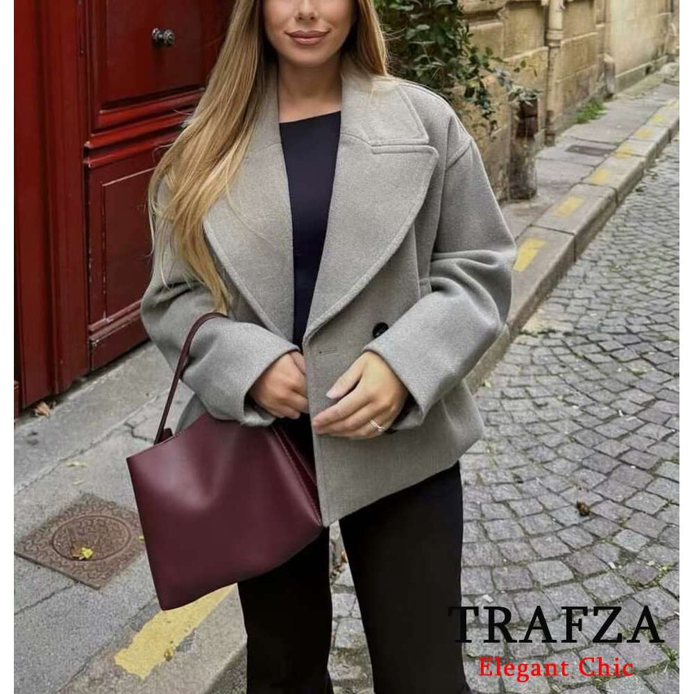 TRAFZA Women Fashion Soft Tweed Lapel Double-Breasted Elegant Blazer New 2024 Spring Fall Classic Commuter Casual Coat