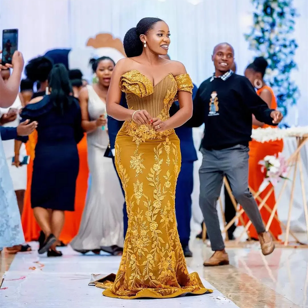 Arabic Aso Ebi Gold Lace Mermaid Evening Dresses Lace Appliques Sweetheart Corset Long Formal Party Gowns Elegant African Prom Reception Dress For wom