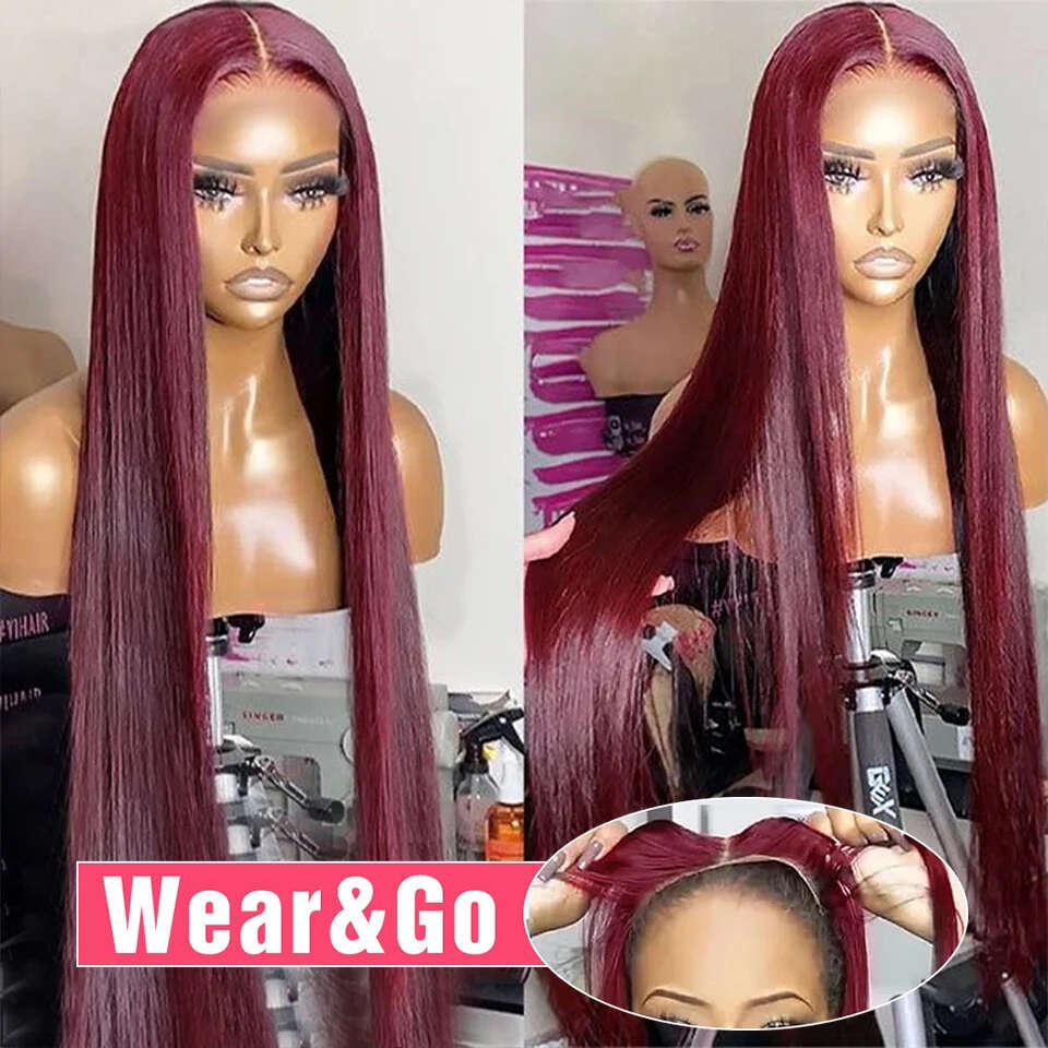 x Straight J Red Color Burgundy Human Hair Wigs Glueless Wig Ready To Wear Preplucked Brazilian without Glue
