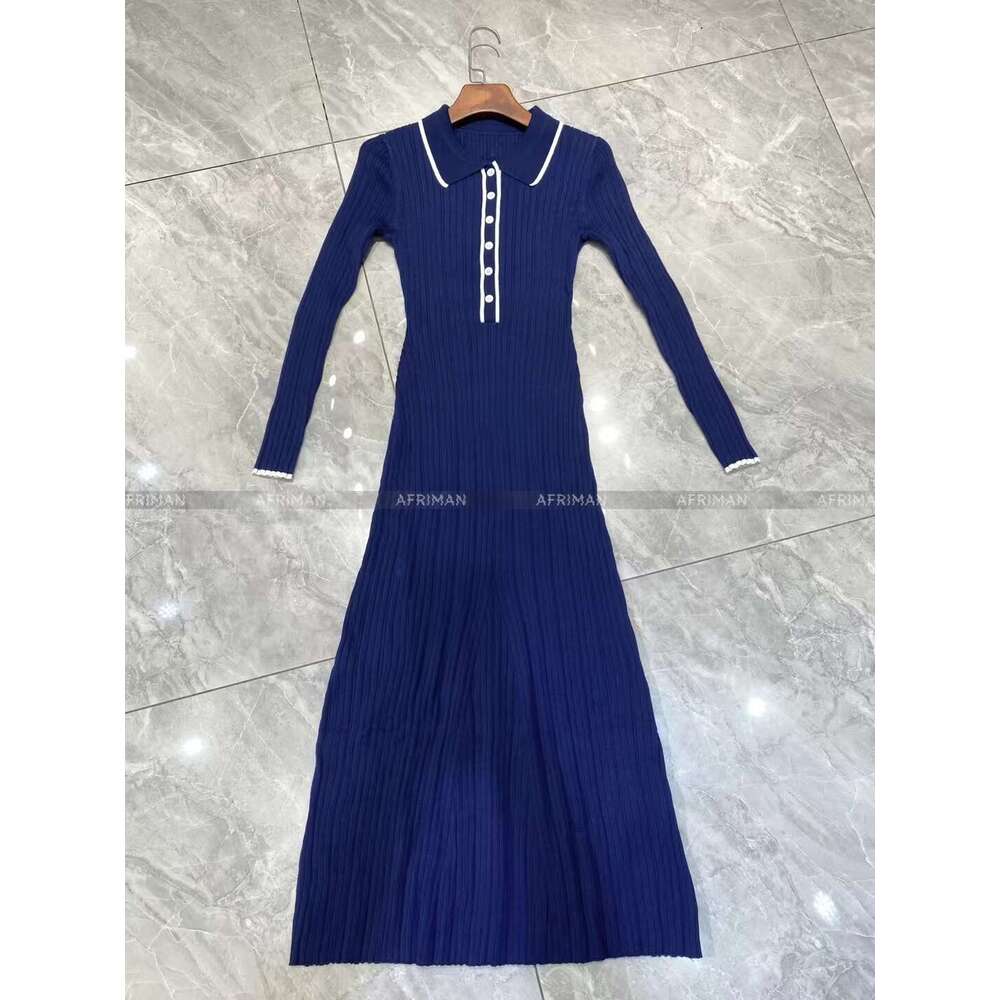 Women Polo Collar Color Patchwork Threaded Knitted Long Dress