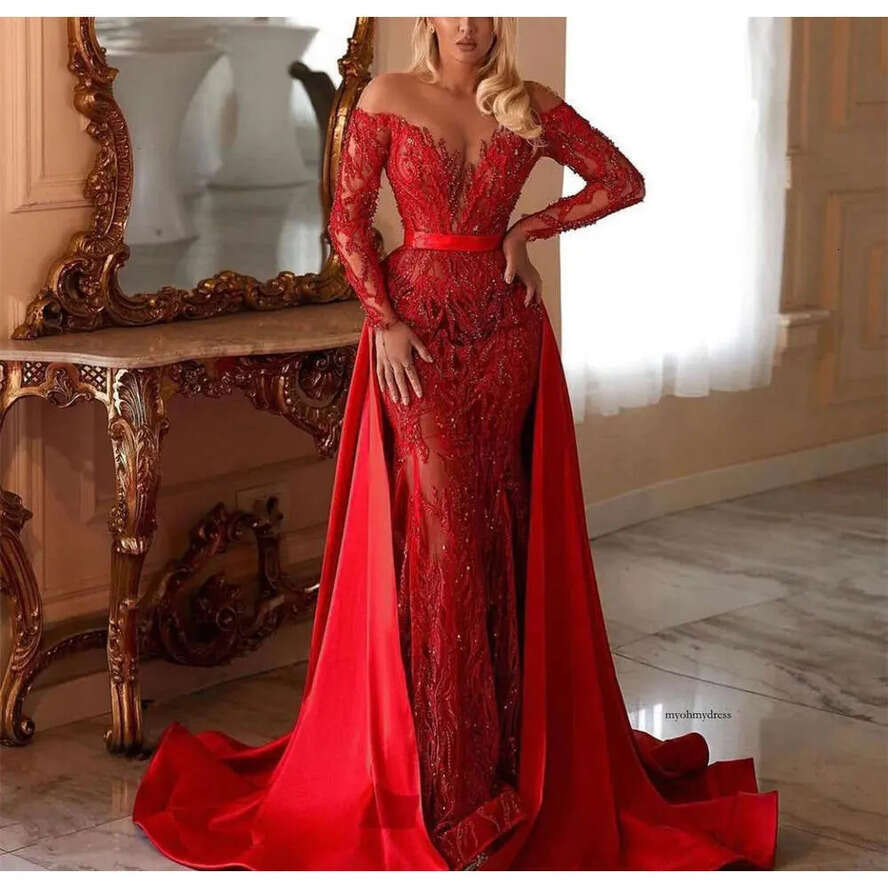 Red Mermaid Prom Long Sleeves V Neck Pearl Lace Appliques Sequins Beaded Or Length Celebrity Satin Detachable Train Evening Dresses Plus Size Custom M
