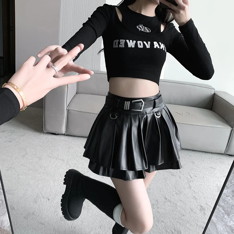 Autumn Cool Silver PU Leather Mini Pimp Womens Belt High Waist Folded Pimp Shorts Street Clothing Y2K Jupe Womens Saias 241028