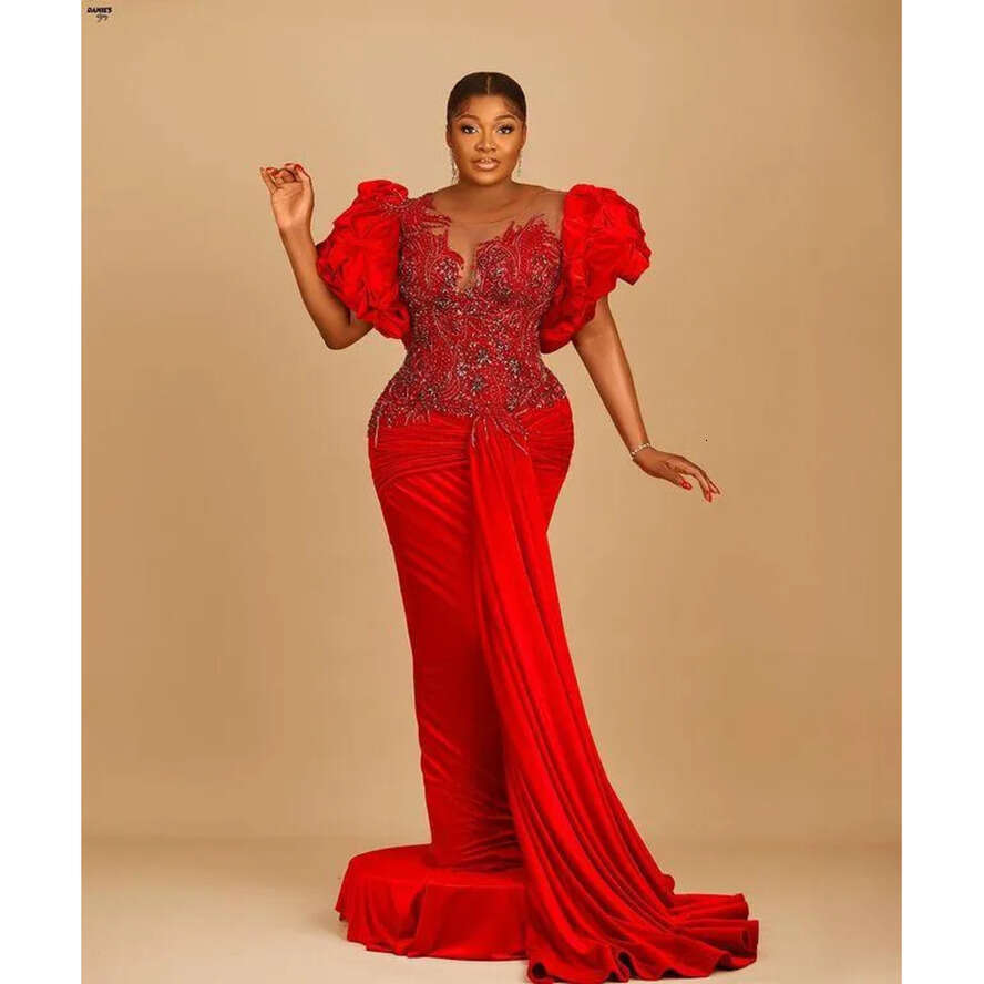 2022 Red Urious Sexy Prom Dresses Lace Beaded Crystals Evening Formal Party Second Reception Birthday Engagement Gowns Dress Plus Size Arabic Aso Ebi