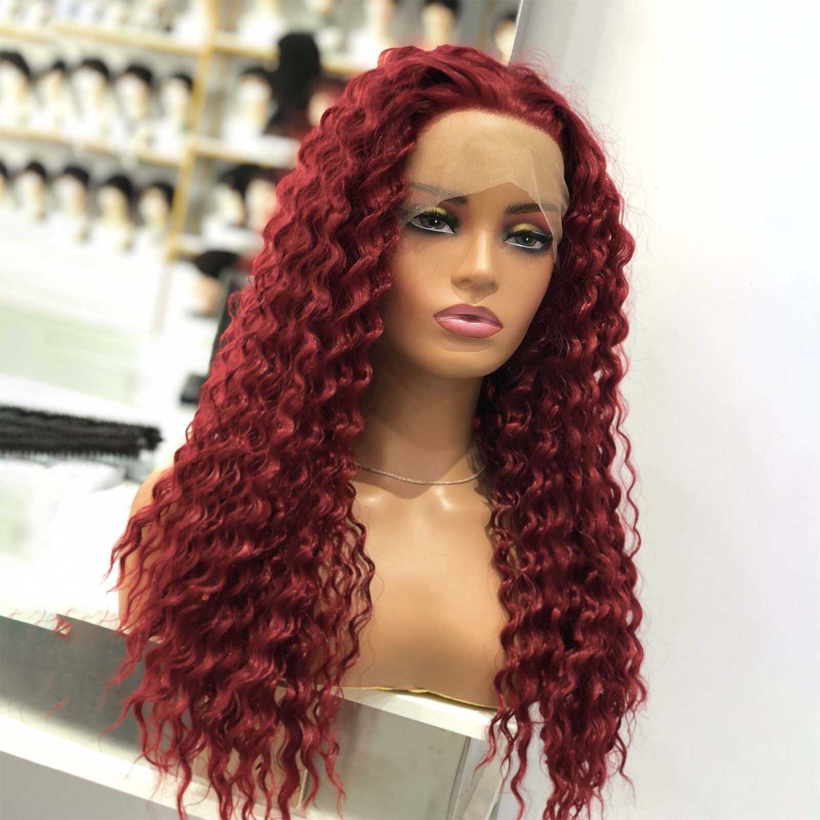 Red Deep Synthetic Front Wig Glueless Afro Kinky Curly Bury Colored Hair Lace Frontal Wigs for Women Party