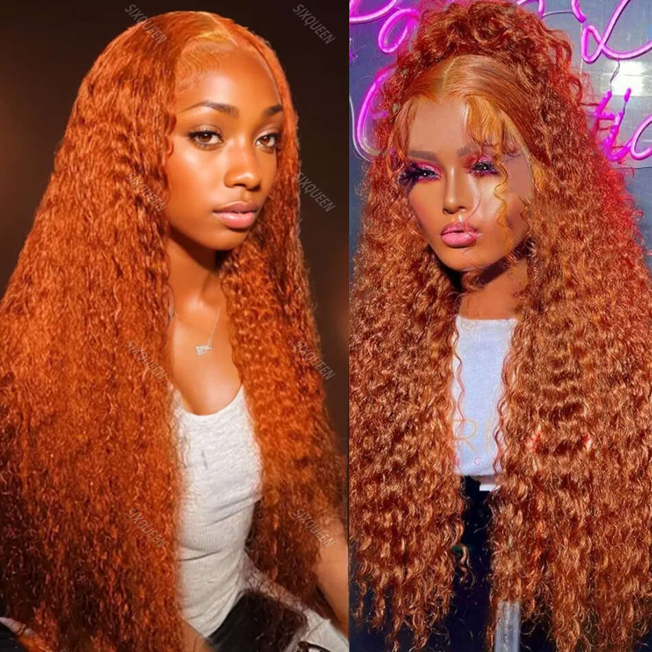 Density x HD Transparent Lace Front Human Hair Frontal Curly Wigs Natural Ginger Deep Wave For Women