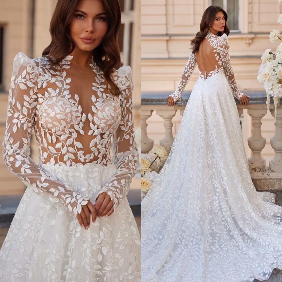 Gorgeous leaf lace dresses bridal gowns 2024 long sleeves boho wedding dress A e backless button robe de mariee