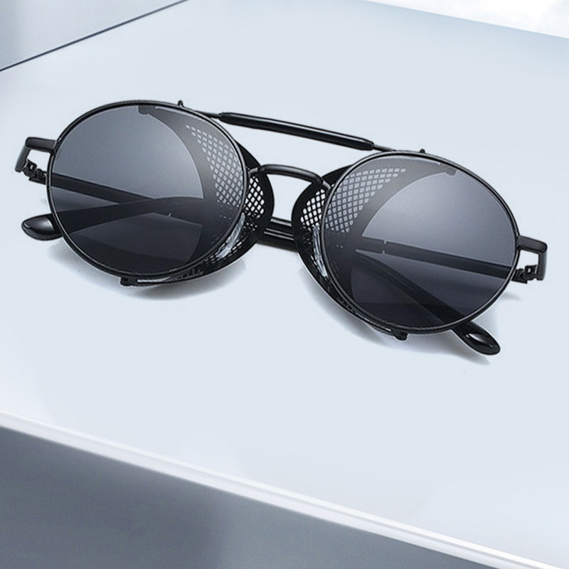 Fashion design men and women New Metal Steampunk Round Frame Glasses Personalized Mesh Flip Windproof Sunglasses
