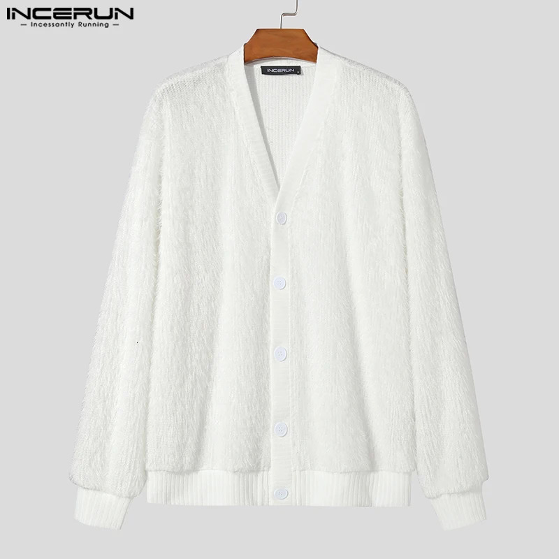 INCERUN Men Sweaters Solid Color Plush V Neck Long Sleeve Fashion Casual Cardigan Streetwear 2024 Leisure Knitted Outerwear 241024