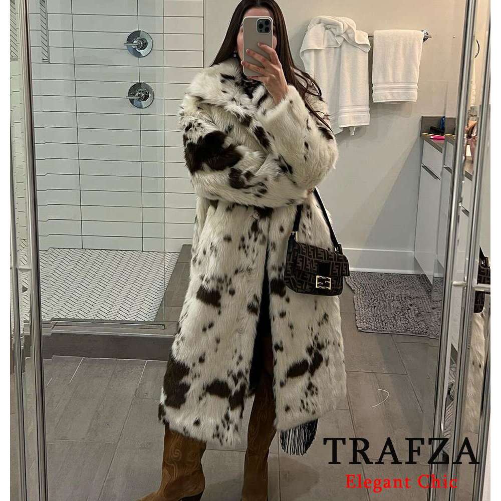 TRAFZA Vintage Fall Winter Faux Fur Women's Animal Pattern Lapel Long New 2024 Fashion High Street Y2k Coat