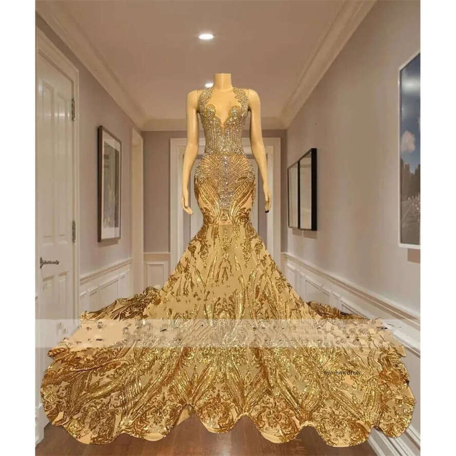 Gold Crystal Dia Long Dresses 2024 For Black Girls Sparkly Mermaid Style Champagne Sequin Prom Gowns With Train 0431