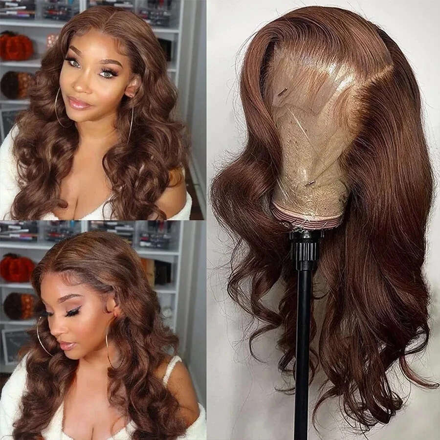 Body Wave Colored Chocolate Brown Human Hair Pre Plucked Closure Wig HD Swiss Lace Front