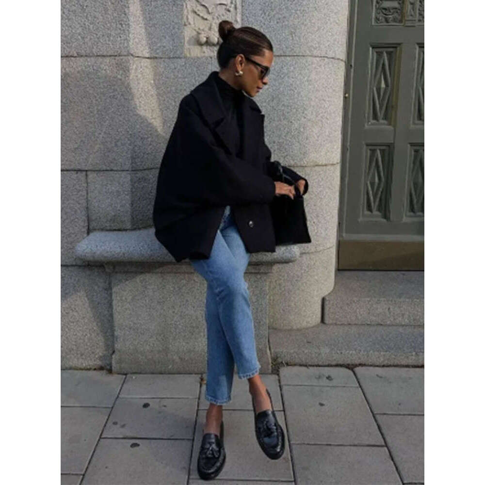 Single-Breasted Lapel Women Coat Woolen Long Sleeve Pockets Jacket Female 2024 Autumn Winter Elegant Casual Lady Tops