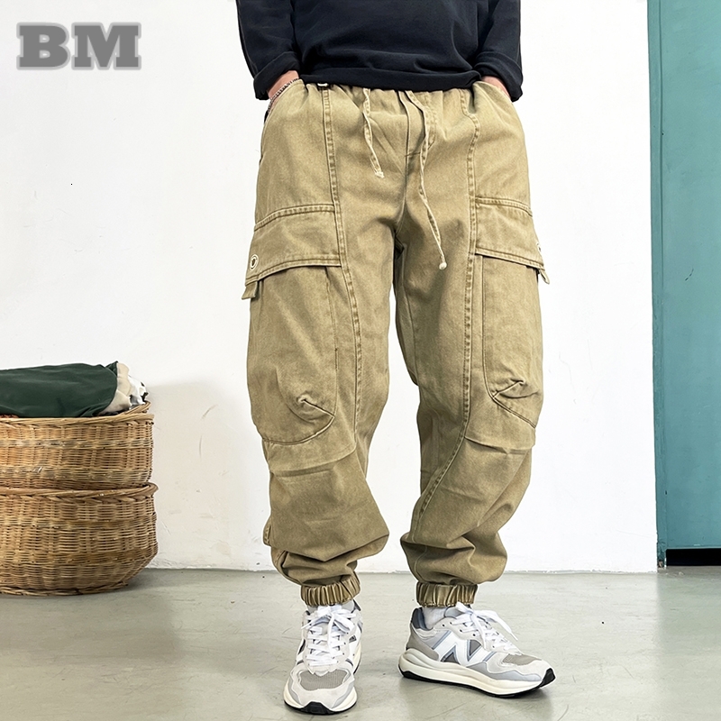 High Quality Plus Size Cargo Men Vintage Big Pocket Wear-Resistant Baggy Pants Fashions Khaki Joggers Male Casual Trousers