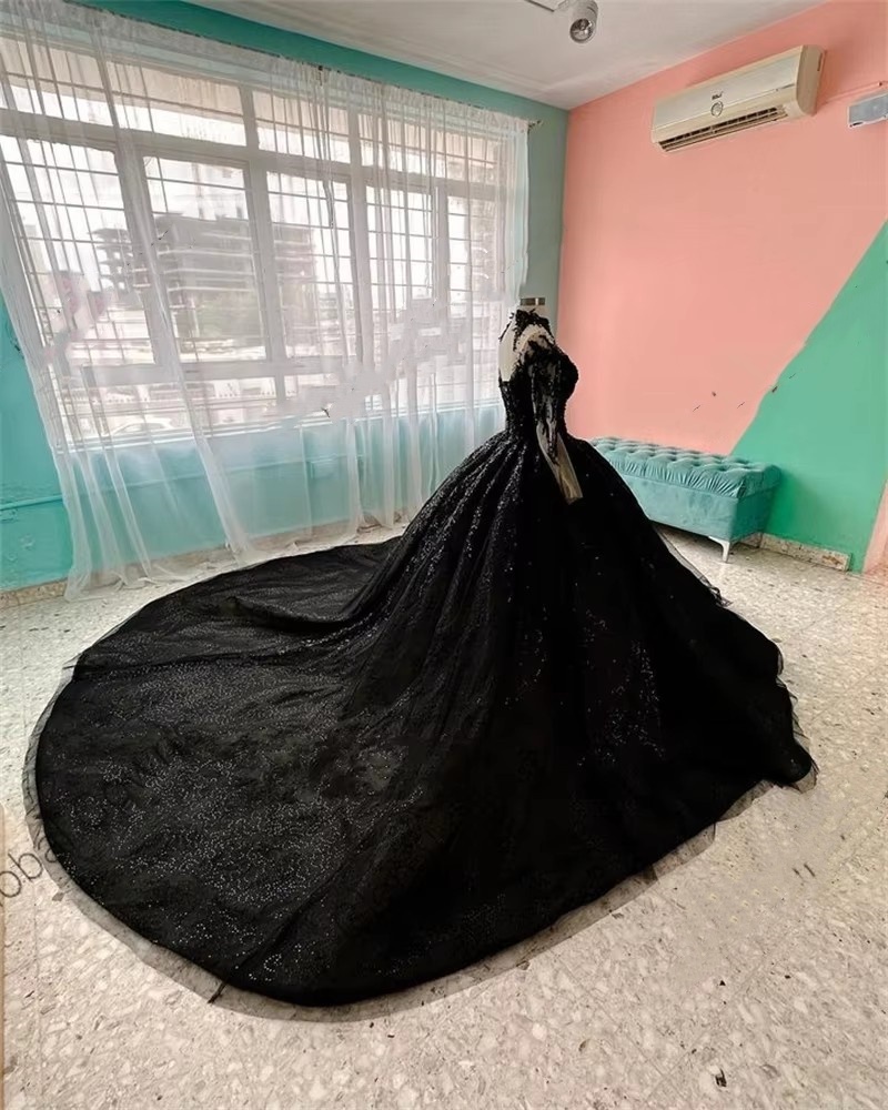 Black Princess New Design O Neck Ball Gown Quinceanera Dress For Girls Sequin Birthday Party Gowns With Full Sleeve Prom Dresses