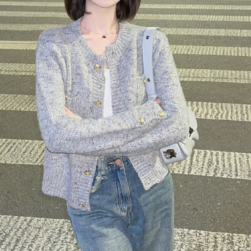 Korean Grey Knitted Cardigan Autumn New Style Small Fragrant Round Neck Short Sweater Women Coat F1028#38