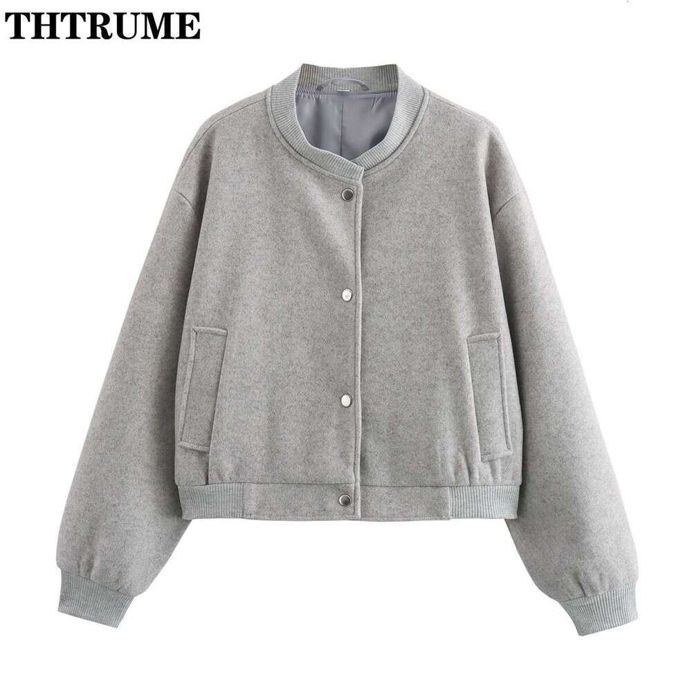 2024 New Single Breasted Jackets For Women Fashion Solid Round Neck Bomber Tweed Coats Casual Streetwear Autumn Winter Outwear