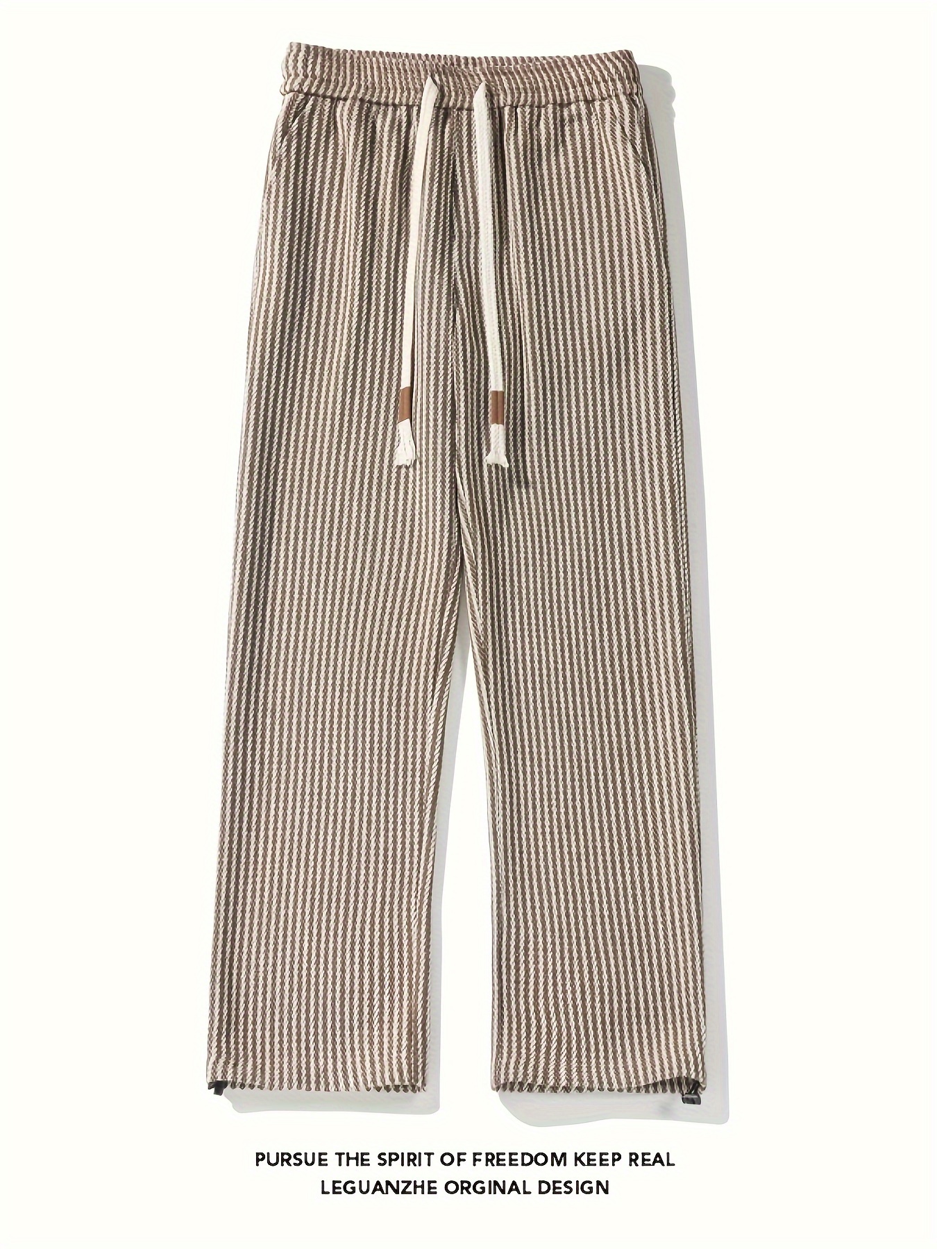 Men's casual striped pants with waistband design - mid waist design, polyester fabric, elastic waistband, straight cut, with waistband included