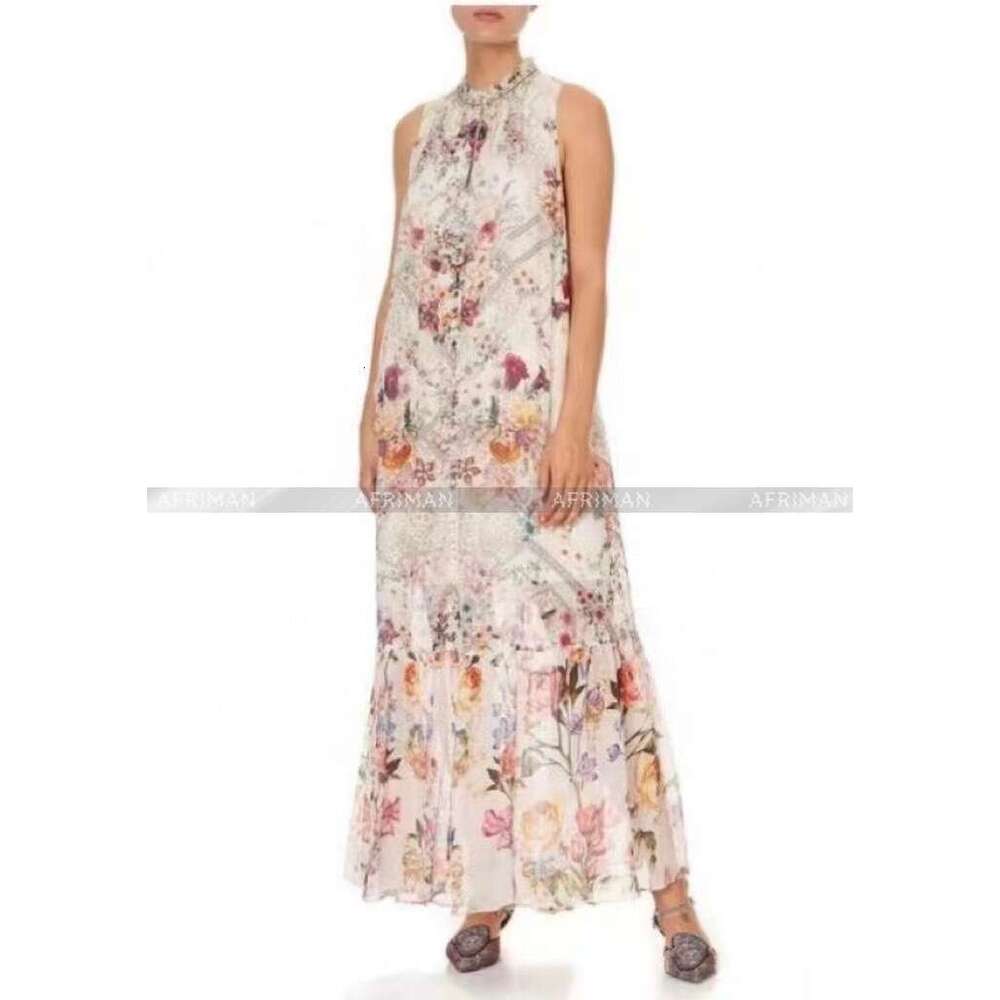 Women Round Neck Sleeveless Retro Print Dia Beaded Lace Up Waist 100% Silk Long Dress