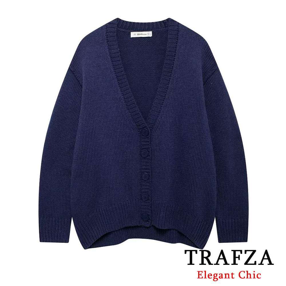 TRAFZA Women's Solid Cardigan Buttons V-Neck Spring Autumn New 2024 Fashion Casual Loose Sweater